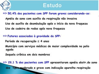 => 50,4% dos pacientes com SPP foram graves considerando-se:
Apnéia do sono com auxílio da respiração não invasiva
Uso de auxílio de deambulação após o início da nova fraqueza
Uso de cadeira de rodas após nova fraqueza
=> Fatores associados à gravidade da SPP:
Período de recuperação ≤ 4 anos
Município com serviços médicos de maior complexidade na polio
aguda
Sequela crônica em dois membros
=> 29,1 % dos pacientes com SPP apresentaram apnéia obstr.do sono
dos tipos moderado e grave com indicação aparelho respiração
Conclusões do estudoEstudo
 
