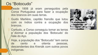  Desde 1808 já eram perseguidos pela
Coroa Portuguesa para fazer a ocupação
dos brancos em suas terras.
 Guido Marlière, capitão francês que lutou
com os índios contra a ocupação dos
brancos.
 Contudo, a Coroa conseguiu tomar as terras
e dizimar a população dos ‘Botocudo’ do
Vale do Aço.
 Hoje, a população dos “Botocudo” tem cerca
de cento e oitenta pessoas,
descendentes dos Krenák com outros povos
indígenas.
Os “Botocudo”
 
