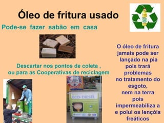 Óleo de fritura usado
Pode-se fazer sabão em casa

                                          O óleo de fritura
                                          jamais pode ser
                                           lançado na pia
    Descartar nos pontos de coleta ,         pois trará
 ou para as Cooperativas de reciclagem       problemas
                                         no tratamento do
                                               esgoto,
                                            nem na terra
                                                 pois
                                         impermeabiliza a
                                         e polui os lençóis
                                              freáticos
 