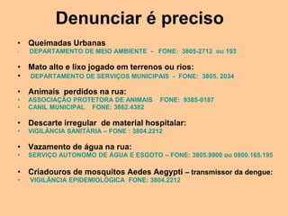 Denunciar é preciso
• Queimadas Urbanas
•   DEPARTAMENTO DE MEIO AMBIENTE - FONE: 3805-2712 ou 193

• Mato alto e lixo jogado em terrenos ou rios:
• DEPARTAMENTO DE SERVIÇOS MUNICIPAIS - FONE:        3805. 2034

• Animais perdidos na rua:
•   ASSOCIAÇÃO PROTETORA DE ANIMAIS       FONE: 9385-0187
•   CANIL MUNICIPAL FONE: 3862.4382

• Descarte irregular de material hospitalar:
•   VIGILÂNCIA SANITÁRIA – FONE : 3804.2212

• Vazamento de água na rua:
•   SERVIÇO AUTONOMO DE ÁGUA E ESGOTO – FONE: 3805.9900 ou 0800.165.195

• Criadouros de mosquitos Aedes Aegypti – transmissor da dengue:
•   VIGILÂNCIA EPIDEMIOLÓGICA FONE: 3804.2212
 