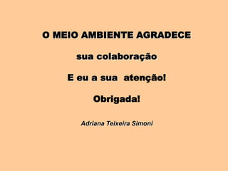O MEIO AMBIENTE AGRADECE

     sua colaboração

    E eu a sua atenção!

         Obrigada!

      Adriana Teixeira Simoni
 