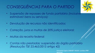 CONSEQUÊNCIAS PARA O PARTIDO
• Suspensão de repasses de fundo partidário (inclusive
estimável/ bens ou serviços);
• Devolução de recursos não identificados;
• Correção, juros e multas de 20% justiça eleitoral;
• Multas da receita federal;
• Contas não prestadas: suspensão do órgão partidário
(Resolução TSE 23.465/2015 artigo 42)
Fernanda Caprio OAB/SP 148.931 Jurídico PRP
Nacional
 