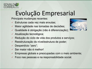 EvoluçãoEmpresarialPrincipais mudanças recentes:Estruturas cada vez mais enxutas;