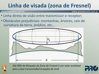 Linha de visada (zona de Fresnel) Linha direta de visão entre transmissor e receptor; Obstáculos prejudiciais: montanhas, árvores, raio de     curvatura da terra, prédios, etc... r 0 Até 40% de bloqueio da Zona de Fresnel é um valor aceitável para a boa transmissão/recepção de sinal 