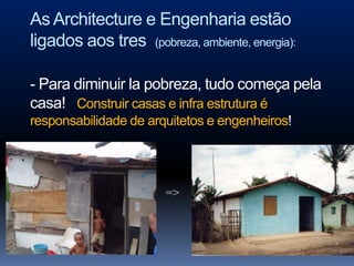 As Architecture e Engenharia estão
ligados aos tres (pobreza, ambiente, energia):

- Para diminuir la pobreza, tudo começa pela
casa! Construir casas e infra estrutura é
responsabilidade de arquitetos e engenheiros!




                       =>
 