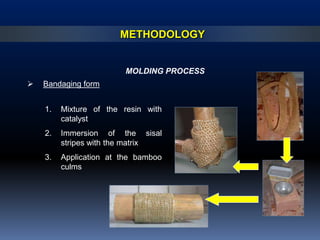 METHODOLOGY


                         MOLDING PROCESS
   Bandaging form


    1.   Mixture of the resin with
         catalyst
    2.   Immersion of the sisal
         stripes with the matrix
    3.   Application at the bamboo
         culms
 