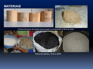MATERIAIS




       Corpos de prova de bambu para ensaio à compressão e fibra de sisal




                           Fibra de bambu, EVA e EPS
 