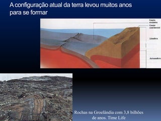 A configuração atual da terra levou muitos anos
para se formar




                        Rochas na Groelândia com 3,8 bilhões
                                 de anos. Time Life
 