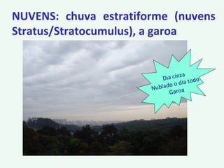 NUVENS: chuva estratiforme (nuvens
Stratus/Stratocumulus), a garoa
Dia cinza
Nublado o dia todo
Garoa
 