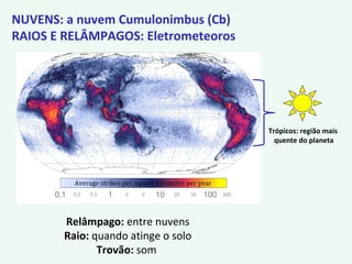 NUVENS: a nuvem Cumulonimbus (Cb)
RAIOS E RELÂMPAGOS: Eletrometeoros
Relâmpago: entre nuvens
Raio: quando atinge o solo
Trovão: som
Trópicos: região mais
quente do planeta
 