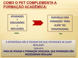 COMO O PET COMPLEMENTA A
FORMAÇÃO ACADÊMICA:

     ATIVIDADES                       INDIVÍDUO COM
          +
                                     FORMAÇÃO “PARA
     DISCUSSÕES
          +                             ALÉM” DO
     REFLEXÕES                        CONVENCIONAL
        meio                                fim



  A ESTRATÉGIA NÃO É PENSAR EM QUE ATIVIDADES SE QUER
                        REALIZAR,
                        mas sim,
PARA SE ATINGIR A FORMAÇÃO DESEJADA, QUE ATIVIDADES SÃO
                  NECESSÁRIAS REALIZAR.               9/19
 
