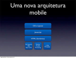 Uma nova arquitetura
                             mobile
                                                    CSS e Layouts


                                                      Javascript


                                               HTML (Semântica)


                                     File Systems      Worker
                                                                     x-App
                                          DBs          Parallel
                                                                    Messaging
                                     App Cache        Processing




segunda-feira, 24 de outubro de 11
 