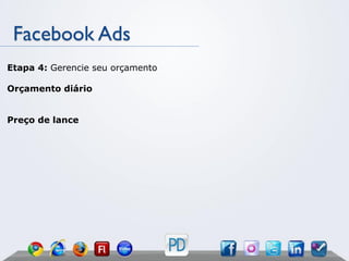 Facebook Ads
Etapa 4: Gerencie seu orçamento

Orçamento diário


Preço de lance
 