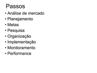 Passos
• Análise de mercado
• Planejamento
• Metas
• Pesquisa
• Organização
• Implementação
• Monitoramento
• Performance
 
