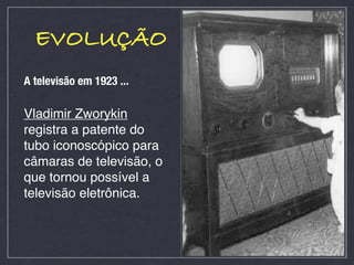 EVOLUÇÃO
A televisão em 1923 ...

Vladimir Zworykin
registra a patente do
tubo iconoscópico para
câmaras de televisão, o
que tornou possível a
televisão eletrônica.
 