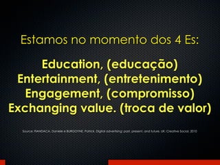Estamos no momento dos 4 Es:

     Education, (educação)
 Entertainment, (entretenimento)
  Engagement, (compromisso)
Exchanging value. (troca de valor)
  Source: FIANDACA, Daniele e BURGOYNE, Patrick. Digital advertising: past, present, and future. UK: Creative Social, 2010
 