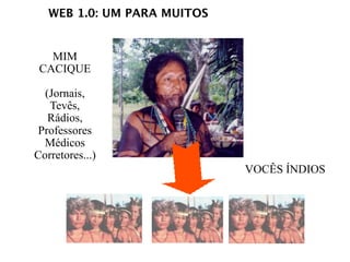 WEB 1.0: UM PARA MUITOS


   MIM
 CACIQUE

  (Jornais,
   Tevês,
   Rádios,
 Professores
  Médicos
Corretores...)
                             VOCÊS ÍNDIOS
 