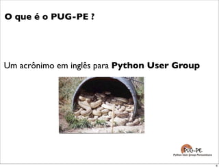 O que é o PUG-PE ?




Um acrônimo em inglês para Python User Group
 