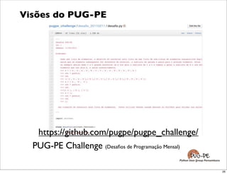 Visões do PUG-PE




   https://github.com/pugpe/pugpe_challenge/
  PUG-PE Challenge (Desaﬁos de Programação Mensal)
 