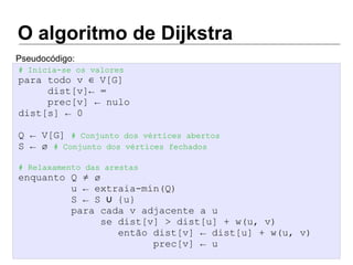 O algoritmo de Dijkstra
# Inicia-se os valores
para todo v V[G]∈
dist[v]← ∞
prec[v] ← nulo
dist[s] ← 0
Q ← V[G] # Conjunto dos vértices abertos
S ← ø # Conjunto dos vértices fechados
# Relaxamento das arestas
enquanto Q ≠ ø
u ← extraia-mín(Q)
S ← S {u}∪
para cada v adjacente a u
se dist[v] > dist[u] + w(u, v)
então dist[v] ← dist[u] + w(u, v)
prec[v] ← u
Pseudocódigo:
 