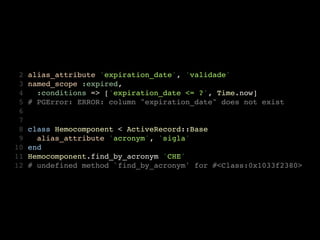  2   alias_attribute 'expiration_date', 'validade'
 3   named_scope :expired,
 4     :conditions => ['expiration_date <= ?', Time.now]
 5   # PGError: ERROR: column "expiration_date" does not exist
 6
 7
 8   class Hemocomponent < ActiveRecord::Base
 9     alias_attribute 'acronym', 'sigla'
10   end
11   Hemocomponent.find_by_acronym 'CHE'
12   # undefined method `find_by_acronym' for #<Class:0x1033f2380>
 