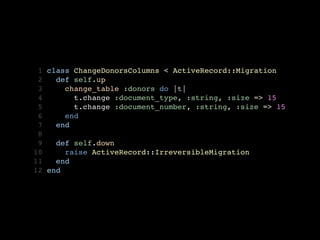  1   class ChangeDonorsColumns < ActiveRecord::Migration
 2     def self.up
 3       change_table :donors do |t|
 4         t.change :document_type, :string, :size => 15
 5         t.change :document_number, :string, :size => 15
 6       end
 7     end
 8
 9     def self.down
10       raise ActiveRecord::IrreversibleMigration
11     end
12   end
 