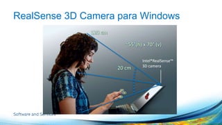 RealSense 3D Camera para Windows 
~55°(h) x 70° (v) 
20 cm 
120 cm 
Intel®RealSense™ 
3D camera 
 