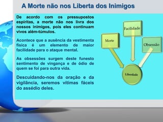 A Morte não nos Liberta dos Inimigos
De acordo com os pressupostos
espíritas, a morte não nos livra dos
nossos inimigos, pois eles continuam
vivos além-túmulos.
Acontece que a ausência da vestimenta
física é um elemento de maior
facilidade para o ataque mental.
As obsessões surgem deste funesto
sentimento de vingança e de ódio de
quem se foi para outra vida.

Descuidando-nos da oração e da
vigilância, seremos vítimas fáceis
do assédio deles.

 