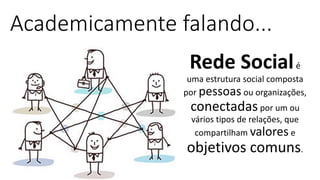 Academicamente falando...
Rede Socialé
uma estrutura social composta
por pessoas ou organizações,
conectadaspor um ou
vários tipos de relações, que
compartilham valores e
objetivos comuns.
 