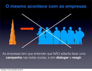 O mesmo acontece com as empresas
As empresas tem que entender que NÃO adianta fazer uma
campanha nas redes socias, e sim dialogar e reagir.
domingo, 14 de novembro de 2010
 