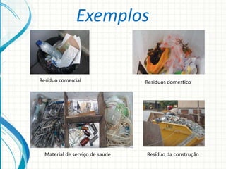 Exemplos
Residuo comercial Residuos domestico
Material de serviço de saude Resíduo da construção
 