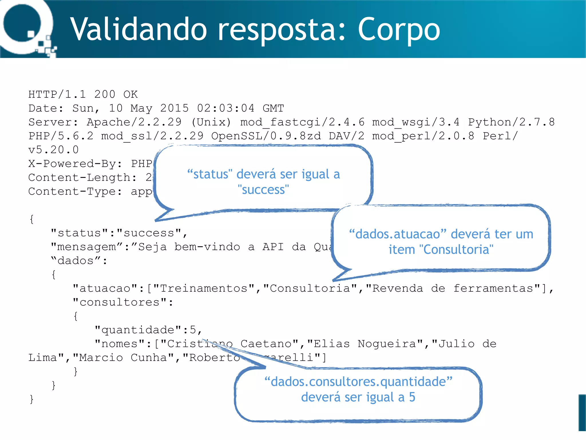 Validando resposta: Corpo
HTTP/1.1 200 OK
Date: Sun, 10 May 2015 02:03:04 GMT
Server: Apache/2.2.29 (Unix) mod_fastcgi/2.4.6 mod_wsgi/3.4 Python/2.7.8
PHP/5.6.2 mod_ssl/2.2.29 OpenSSL/0.9.8zd DAV/2 mod_perl/2.0.8 Perl/
v5.20.0
X-Powered-By: PHP/5.6.2
Content-Length: 280
Content-Type: application/json
{
"status":"success",
"mensagem”:”Seja bem-vindo a API da Qualister",
“dados”:
{
"atuacao":["Treinamentos","Consultoria","Revenda de ferramentas"],
"consultores":
{
"quantidade":5,
"nomes":["Cristiano Caetano","Elias Nogueira","Julio de
Lima","Marcio Cunha","Roberto Ungarelli"]
}
}
}
“status" deverá ser igual a
"success"
“dados.consultores.quantidade”
deverá ser igual a 5
“dados.atuacao” deverá ter um
item "Consultoria"
 