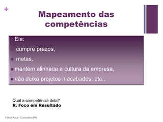 +
                              Mapeamento das
                               competências
     Ela:

        cumpre prazos,
        metas,
     mantém              alinhada a cultura da empresa,
     não        deixa projetos inacabados, etc.,


      Qual a competência dela?
      R. Foco em Resultado

Flávia Puça - Consultora RH
 