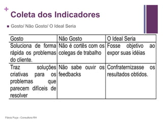 +
     Coleta dos Indicadores
    Gosto/ Não Gosto/ O Ideal Seria




Flávia Puça - Consultora RH
 