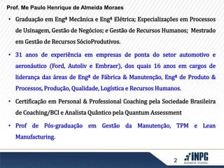 Prof. Me Paulo Henrique de Almeida Moraes 
• Graduação em Engª Mecânica e Engª Elétrica; Especializações em Processos 
de Usinagem, Gestão de Negócios; e Gestão de Recursos Humanos; Mestrado 
em Gestão de Recursos SócioProdutivos. 
• 31 anos de experiência em empresas de ponta do setor automotivo e 
aeronáutico (Ford, Autoliv e Embraer), dos quais 16 anos em cargos de 
liderança das áreas de Engª de Fábrica & Manutenção, Engª de Produto & 
Processos, Produção, Qualidade, Logística e Recursos Humanos. 
• Certificação em Personal & Professional Coaching pela Sociedade Brasileira 
de Coaching/BCI e Analista Quântico pela QuantumAssessment 
• Prof de Pós-graduação em Gestão da Manutenção, TPM e Lean 
2 
Manufacturing. 
 