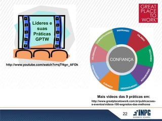 Mais vídeos das 9 práticas em: 
22 
Líderes e 
suas 
Práticas 
GPTW 
http://www.youtube.com/watch?v=qTf4gn_AFOk 
http://www.greatplacetowork.com.br/publicacoes-e- 
eventos/videos-100-segredos-das-melhores 
 