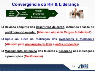 Convergência do RH & Liderança 
Treinar 
Desenvolver 
Avaliar 
Avaliar 
Promover 
Promover 
Recompensar 
Recompensar 
Desligar 
Atrair 
Recrutar 
Admitir 
 Revisão conjunta dos descritivos de cargo, incluindo análise de 
perfil comportamental. (Mas isso não é de Cargos & Salários?) 
 Apoio ao Líder na realização das avaliações e feedbacks 
(Atenção para preparação do líder e datas propostas). 
 Mapeamento sistêmico dos talentos e desapego nas indicações 
28 
e promoções (Meritocracia). 
 