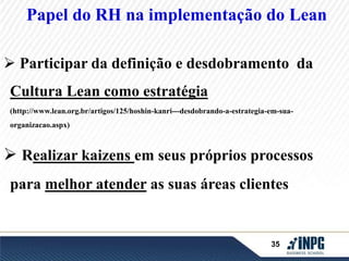 Papel do RH na implementação do Lean 
 Participar da definição e desdobramento da 
35 
Cultura Lean como estratégia 
(http://www.lean.org.br/artigos/125/hoshin-kanri---desdobrando-a-estrategia-em-sua-organizacao. 
aspx) 
 Realizar kaizens em seus próprios processos 
para melhor atender as suas áreas clientes 
 