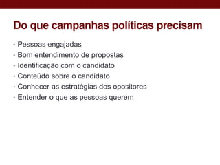 Do que campanhas políticas precisam
• Pessoas engajadas
• Bom entendimento de propostas
• Identificação com o candidato
• Conteúdo sobre o candidato
• Conhecer as estratégias dos opositores
• Entender o que as pessoas querem
 