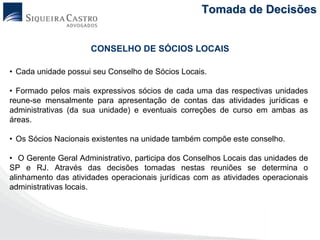 Tomada de Decisões


                     CONSELHO DE SÓCIOS LOCAIS

• Cada unidade possui seu Conselho de Sócios Locais.

• Formado pelos mais expressivos sócios de cada uma das respectivas unidades
reune-se mensalmente para apresentação de contas das atividades jurídicas e
administrativas (da sua unidade) e eventuais correções de curso em ambas as
áreas.

• Os Sócios Nacionais existentes na unidade também compõe este conselho.

• O Gerente Geral Administrativo, participa dos Conselhos Locais das unidades de
SP e RJ. Através das decisões tomadas nestas reuniões se determina o
alinhamento das atividades operacionais jurídicas com as atividades operacionais
administrativas locais.
 