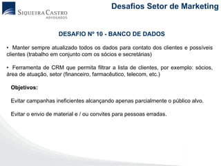 Desafios Setor de Marketing


                    DESAFIO Nº 10 - BANCO DE DADOS

• Manter sempre atualizado todos os dados para contato dos clientes e possíveis
clientes (trabalho em conjunto com os sócios e secretárias)

• Ferramenta de CRM que permita filtrar a lista de clientes, por exemplo: sócios,
área de atuação, setor (financeiro, farmacêutico, telecom, etc.)

 Objetivos:

 Evitar campanhas ineficientes alcançando apenas parcialmente o público alvo.

 Evitar o envio de material e / ou convites para pessoas erradas.
 
