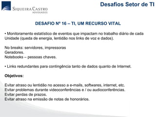 Desafios Setor de TI


                  DESAFIO Nº 16 – TI, UM RECURSO VITAL

• Monitoramento estatístico de eventos que impactam no trabalho diário de cada
Unidade (queda de energia, lentidão nos links de voz e dados).

No breaks: servidores, impressoras
Geradores.
Notebooks – pessoas chaves.

• Links redundantes para contingência tanto de dados quanto de Internet.

Objetivos:

Evitar atraso ou lentidão no acesso a e-mails, softwares, internet, etc.
Evitar problemas durante videoconferências e / ou audioconferências.
Evitar perdas de prazos.
Evitar atraso na emissão de notas de honorários.
 
