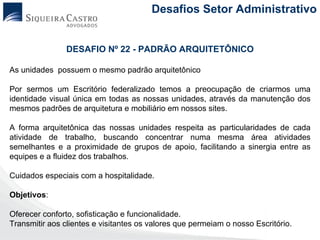 Desafios Setor Administrativo


                DESAFIO Nº 22 - PADRÃO ARQUITETÔNICO

As unidades possuem o mesmo padrão arquitetônico

Por sermos um Escritório federalizado temos a preocupação de criarmos uma
identidade visual única em todas as nossas unidades, através da manutenção dos
mesmos padrões de arquitetura e mobiliário em nossos sites.

A forma arquitetônica das nossas unidades respeita as particularidades de cada
atividade de trabalho, buscando concentrar numa mesma área atividades
semelhantes e a proximidade de grupos de apoio, facilitando a sinergia entre as
equipes e a fluidez dos trabalhos.

Cuidados especiais com a hospitalidade.

Objetivos:

Oferecer conforto, sofisticação e funcionalidade.
Transmitir aos clientes e visitantes os valores que permeiam o nosso Escritório.
 