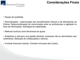 Considerações Finais



• Equipe de qualidade.

• Normatizações - padronização dos procedimentos internos e de atendimento ao
Cliente. Desburocratização da comunicação entre os profissionais e agilidade no
fluxo de informações. Estratégia de implantação.

• Melhoria continua como ferramenta de ajuste.

• Estatística é vital para uma gestão eficiente, empresas não se administram sem
estatísticas. Detecção de inadequações e desvios.

• Controle financeiro robusto. Controle minucioso dos Custos.
 