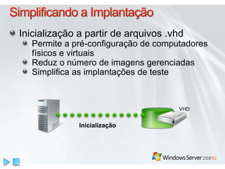 Inicialização a partir de arquivos .vhd 
Permite a pré-configuração de computadores 
físicos e virtuais 
Reduz o número de imagens gerenciadas 
Simplifica as implantações de teste 
Inicialização 
VHD 
 