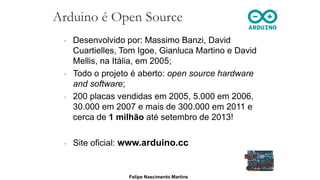 Arduino é Open Source
• Desenvolvido por: Massimo Banzi, David
Cuartielles, Tom Igoe, Gianluca Martino e David
Mellis, na Itália, em 2005;
• Todo o projeto é aberto: open source hardware
and software;
• 200 placas vendidas em 2005, 5.000 em 2006,
30.000 em 2007 e mais de 300.000 em 2011 e
cerca de 1 milhão até setembro de 2013!
• Site oficial: www.arduino.cc
Felipe Nascimento Martins
 