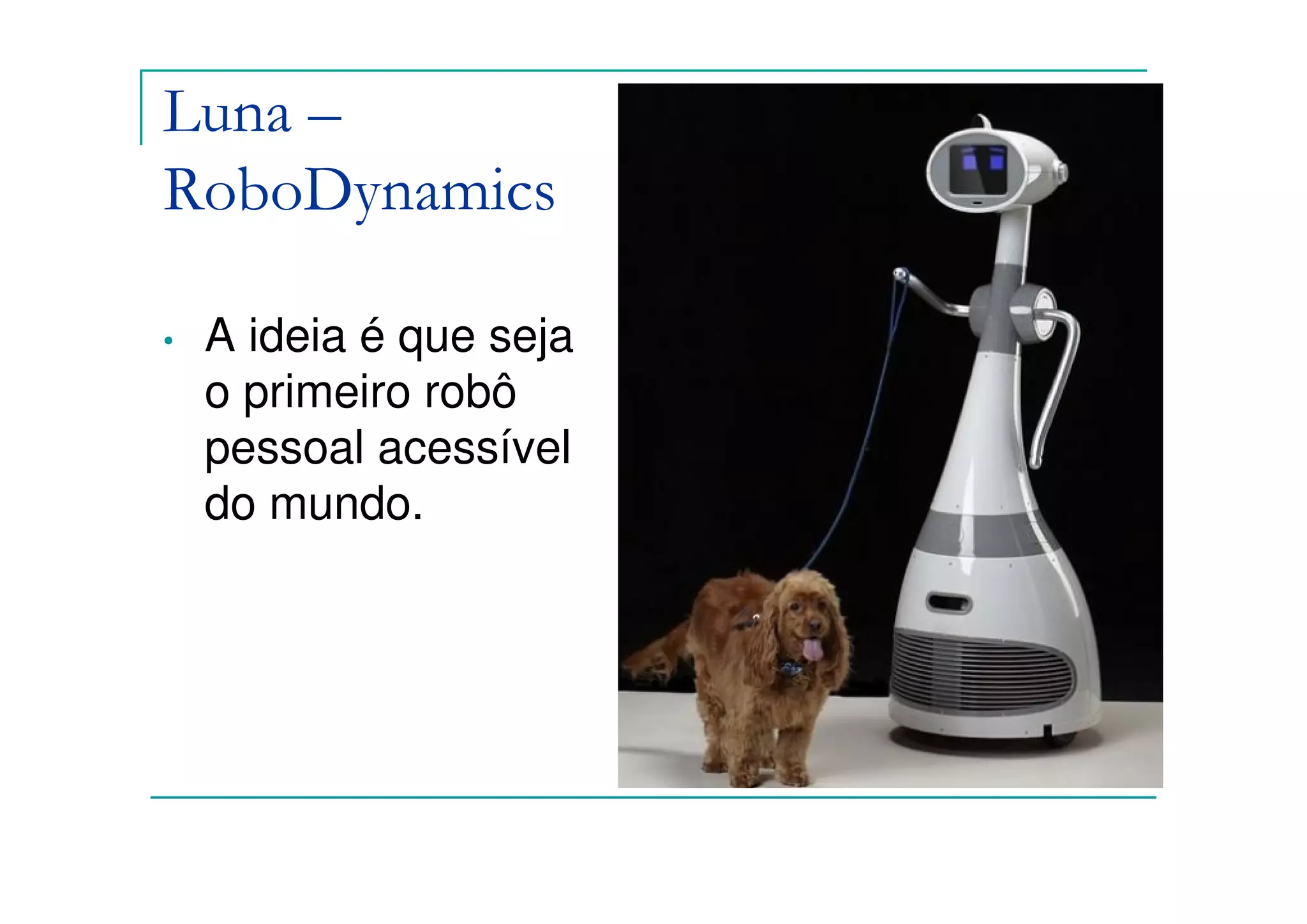 Luna –
RoboDynamics

•   A ideia é que seja
    o primeiro robô
    pessoal acessível
    do mundo.
 