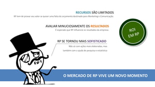 RECURSOS SÃO LIMITADOS
RP tem de provar seu valor se quiser uma fatia do orçamento destinado para Marketing e Comunicação.
RP SE TORNOU MAIS SOFISTICADO
Não só com ações mais elaboradas, mas
também com a ajuda de pesquisa e estatística
AVALIAR MINUCIOSAMENTE OS RESULTADOS
É esperado que RP influencie os resultados da empresa.
O MERCADO DE RP VIVE UM NOVO MOMENTO
 