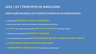2010 | OS 7 PRINCÍPIOS DE BARCELONA
1 – IMPORTÂNCIA NA DEFINIÇÃO DE METAS E MENSURAÇÃO
2 – MEDIR O EFEITO SOBRE OS RESULTADOS É PREFERÍVEL A MEDIR OS RESULTADOS DE MÍDIA
3 – O EFEITO SOBRE O RESULTADO DA EMPRESA PODE E DEVE SER MEDIDO SEMPRE QUE POSSÍVEL
4 – MENSURAÇÃO DE MÍDIA REQUER QUANTIDADE E QUALIDADE
5 – OS VALORES EQUIVALENTES A PUBLICIDADE (CENTIMETRAGEM) NÃO SÃO O VALOR DE RELAÇÕES PÚBLICAS
6 – AS MÍDIAS SOCIAIS PODEM E DEVEM SER MENSURADAS
7 – TRANSPARÊNCIA E REPLICABILIDADE SÃO PRIMORDIAIS NA MENSURAÇÃO
UNIFICAÇÃO MUNDIAL DOS CONCEITOS BÁSICOS EM MENSURAÇÃO
 