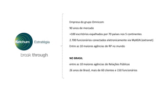 Empresa do grupo Omnicom
90 anos de mercado
+100 escritórios espalhados por 70 países nos 5 continentes
2.700 funcionários conectados eletronicamente via MyKGN (extranet)
Entre as 10 maiores agências de RP no mundo
NO BRASIL
entre as 10 maiores agências de Relações Públicas
26 anos de Brasil, mais de 60 clientes e 150 funcionários
 
